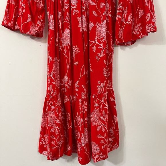 H&M Red White Floral Off The Shoulder Flounced Hem Summer Dress - Picture 3 of 9